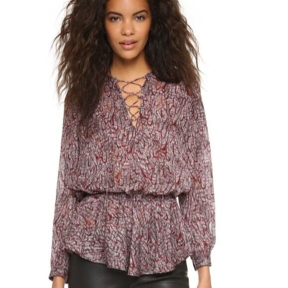Rebecca Minkoff Tops - Rebecca Minkoff 100% Silk Maroon & Black Print Peplum Blouse Sz.S